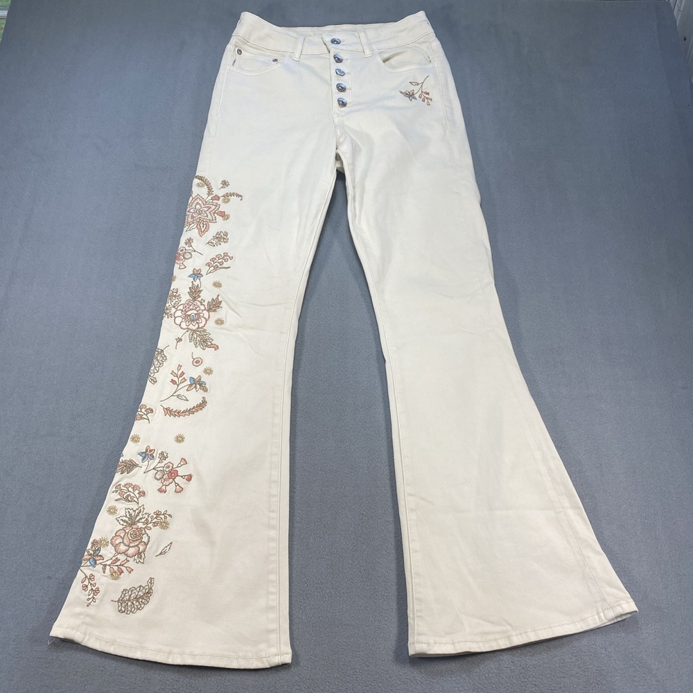 American Eagle Jeans Sz Button Fly 1977 Flare Stretch Beige Floral Embroidered
